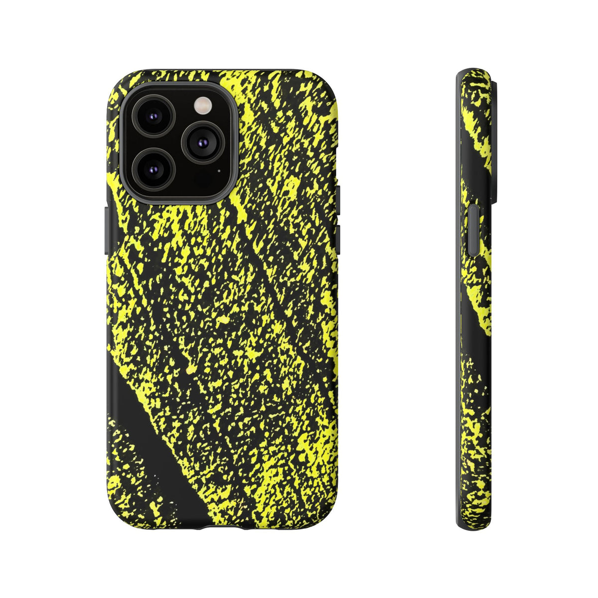 Bloom to Consume protective phone case featuring a black and toxic yellow organic decay pattern.