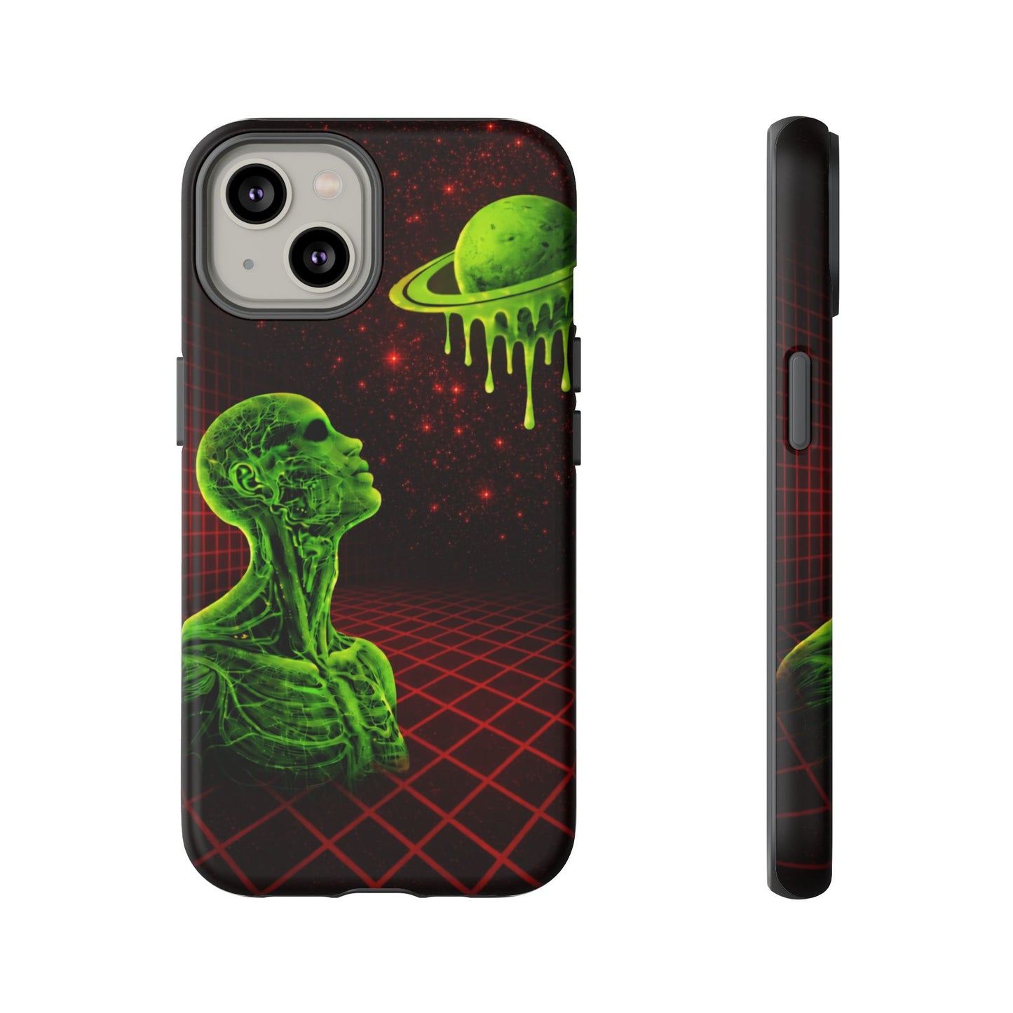 Glowing green anatomical bust gazing up at a dripping Saturn-like planet over a red grid and star-speckled space background on a black phone case.