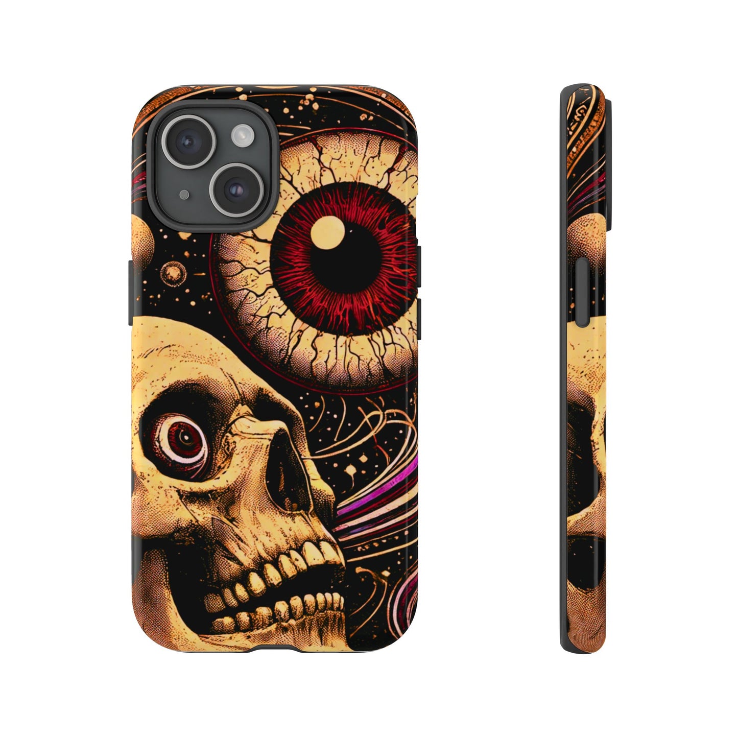 Impact-resistant tough phone case featuring a dark cosmic skull and eye design on a durable dual-layer shell by NecroGrip.