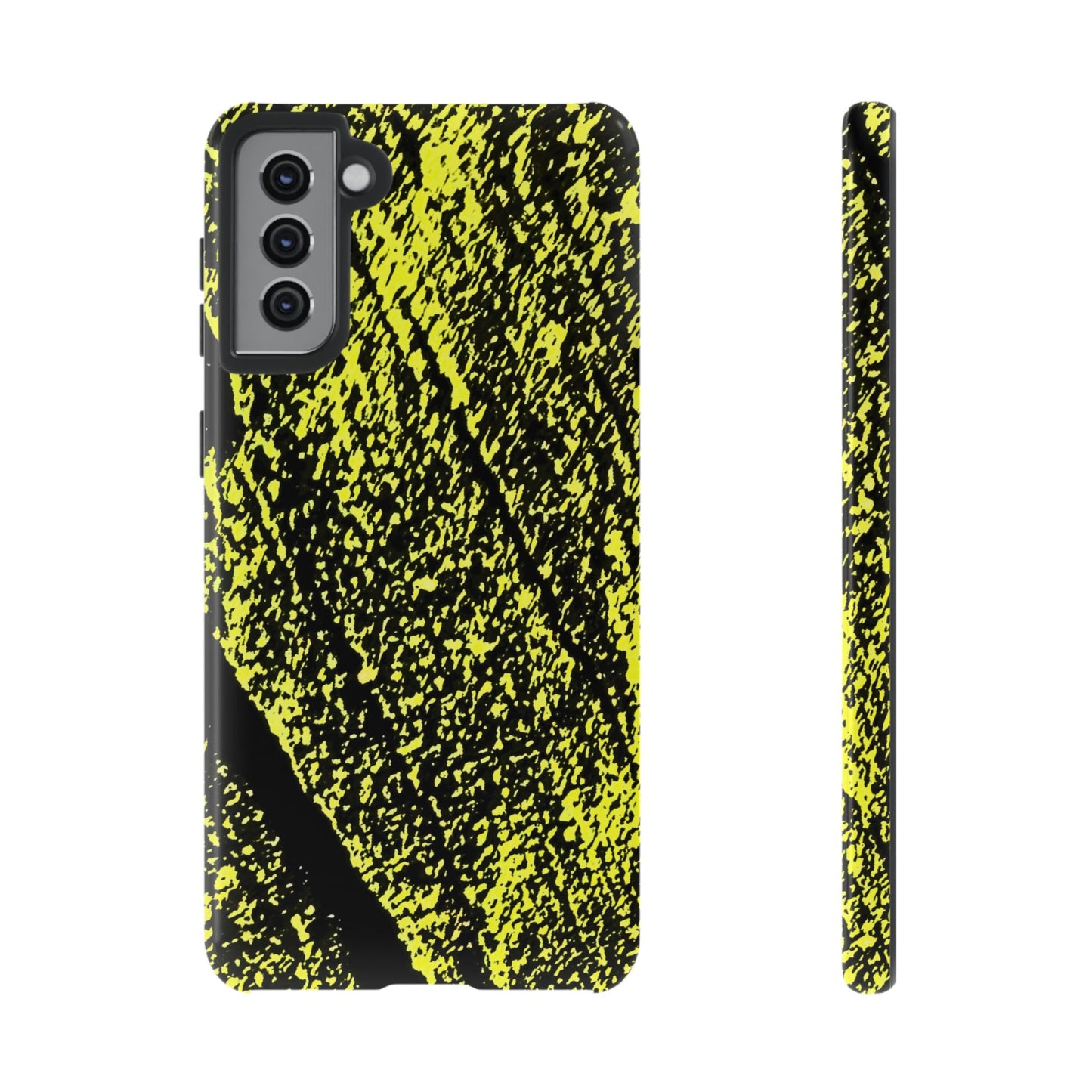 A phone case with a high-contrast black and neon yellow abstract textured pattern, shown from the back and side on a plain white background.