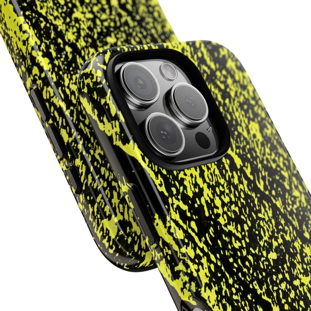 A close-up of a smartphone case with a black and neon yellow splatter pattern, fitted on a phone with a black camera bezel, shown against a plain white background.