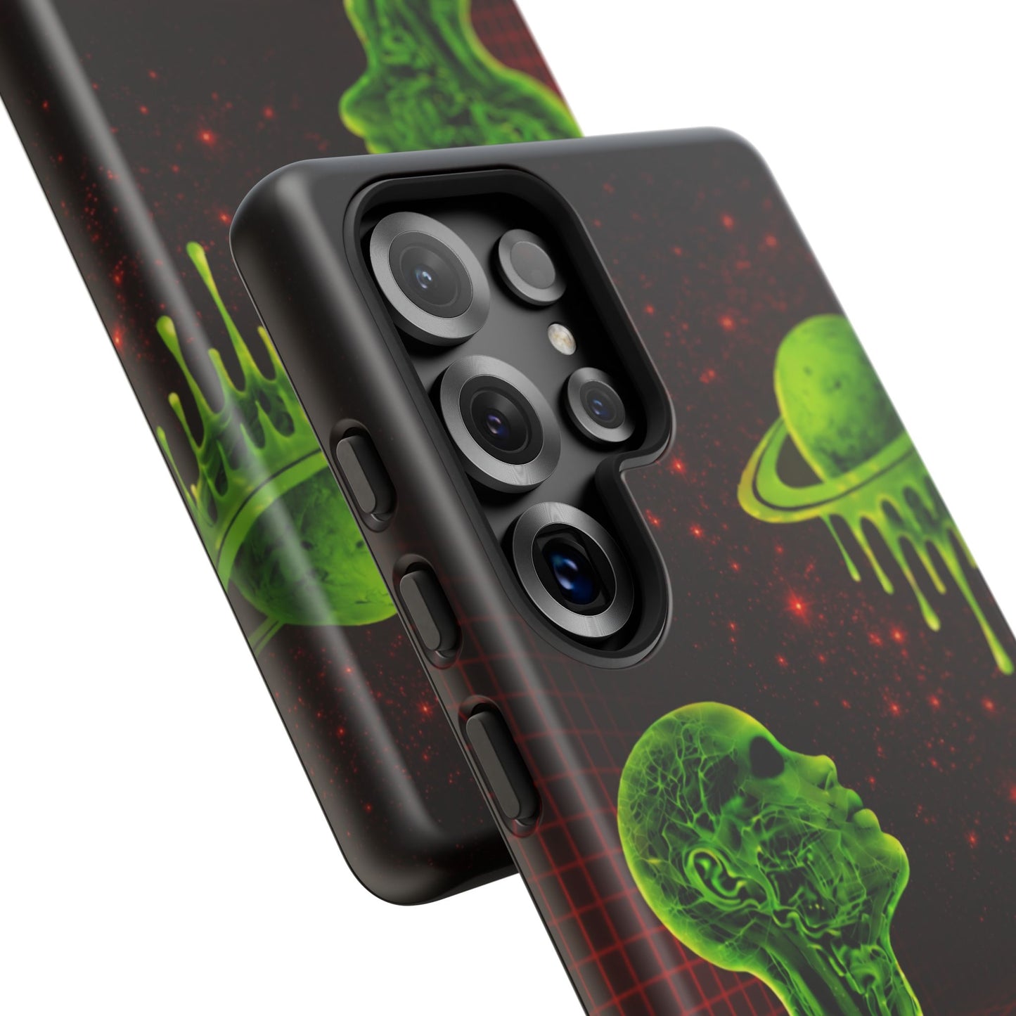 Glowing green anatomical bust gazing up at a dripping Saturn-like planet over a red grid and star-speckled space background on a black phone case.