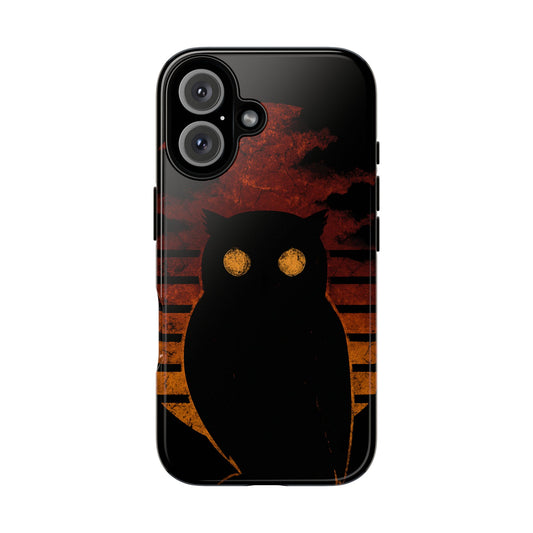 Dark owl silhouette in front of a blood-orange sunset sky, with bold vintage striping and glowing eyes