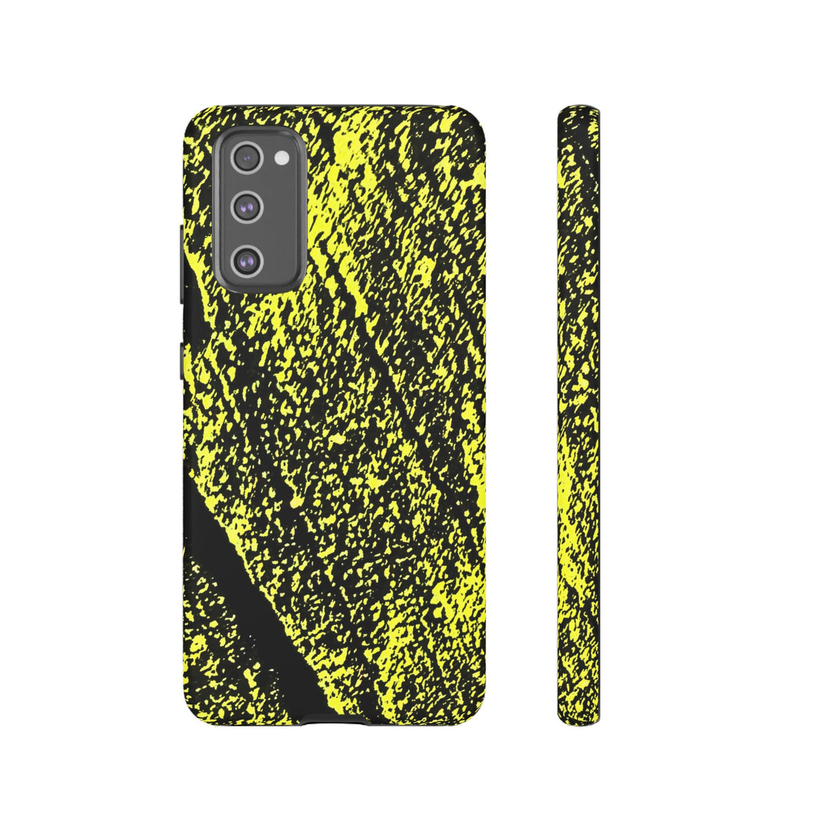 Bloom to Consume protective phone case featuring a black and toxic yellow organic decay pattern.