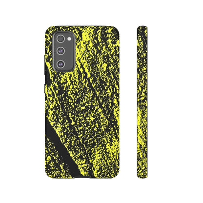 Bloom to Consume protective phone case featuring a black and toxic yellow organic decay pattern.