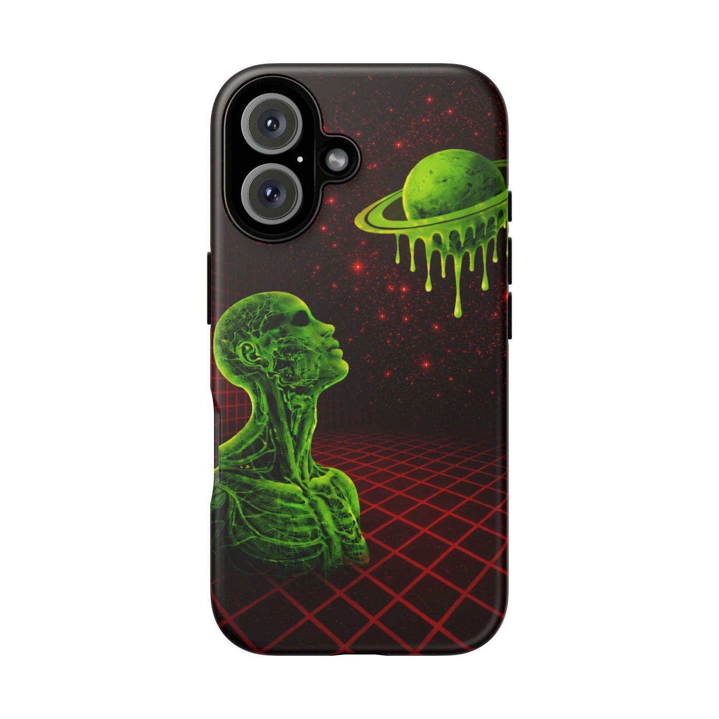 Glowing green anatomical bust gazing up at a dripping Saturn-like planet over a red grid and star-speckled space background on a black phone case.