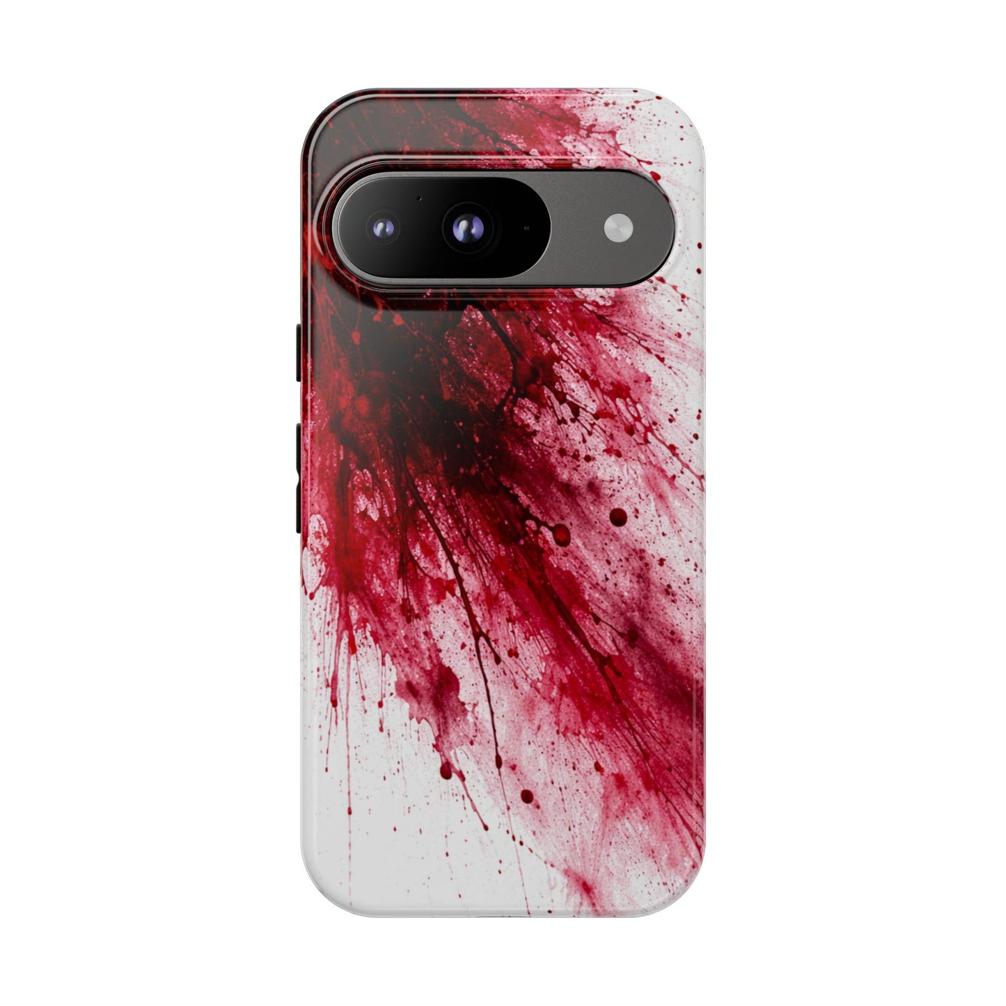 Phone case with red and white abstract design on a white background