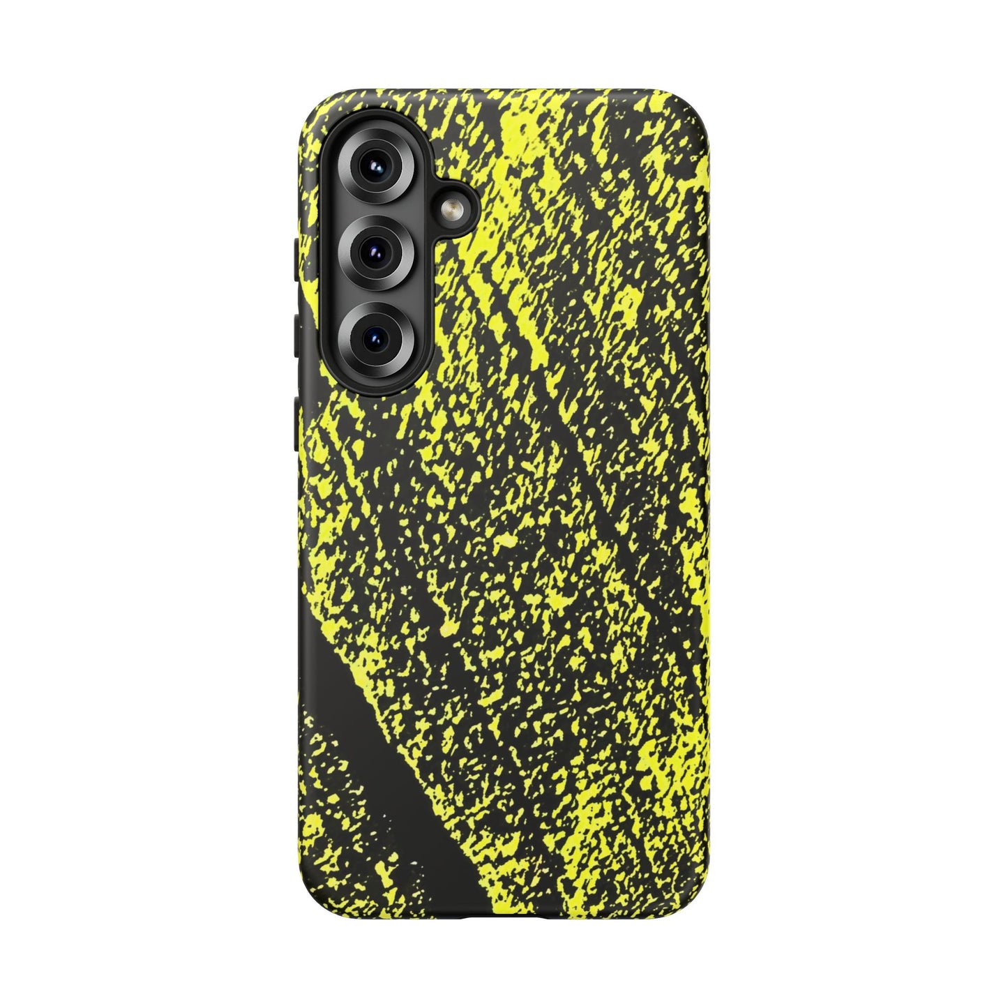 A protective phone case featuring a high-contrast black and neon yellow abstract textured pattern, shown on a plain white background.