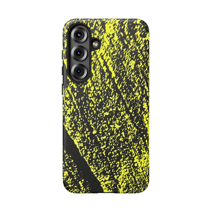 A protective phone case featuring a high-contrast black and neon yellow abstract textured pattern, shown on a plain white background.