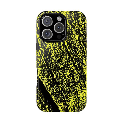 A protective phone case featuring a high-contrast black and neon yellow splatter pattern, shown on a clean white background.