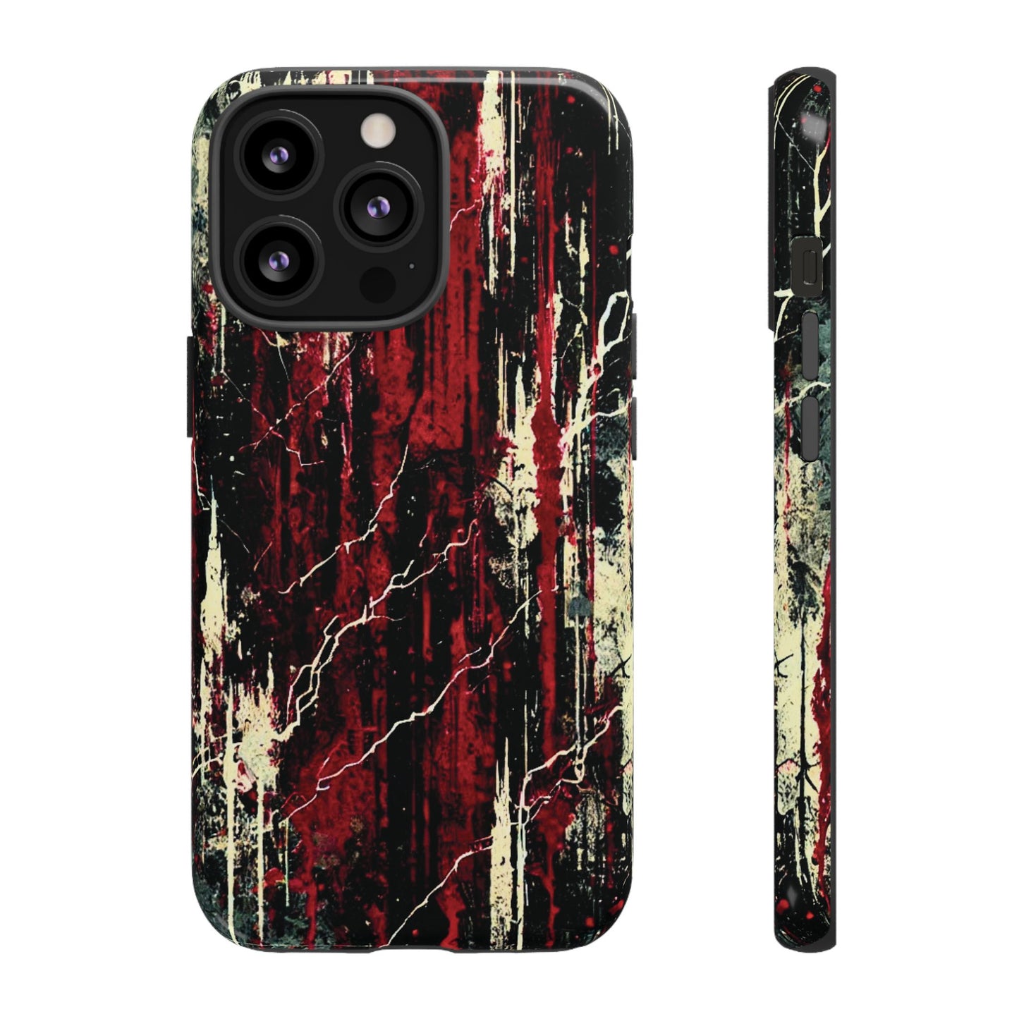 Corrosive impact-resistant phone case with distressed red, black, and bone-white design for iPhone, Samsung, and Google Pixel by NecroGrip.