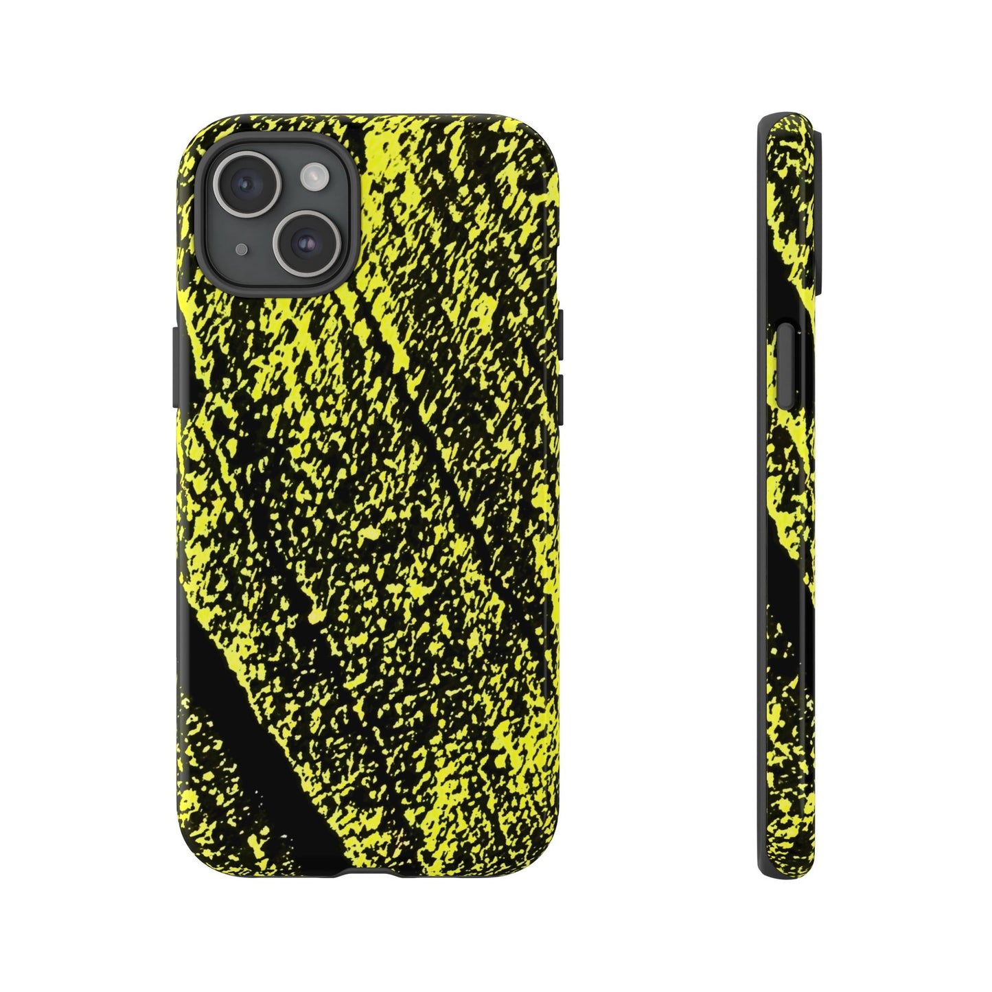 A phone case shown from the back and side, featuring a high-contrast black and neon yellow abstract textured pattern on a plain white background.