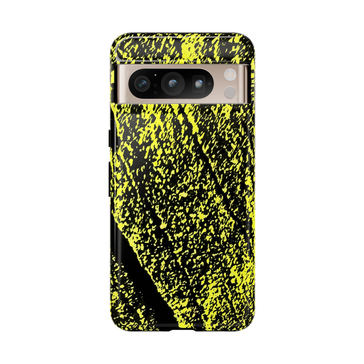 A protective phone case with a high-contrast black and neon yellow splatter pattern, shown on a clean white background.