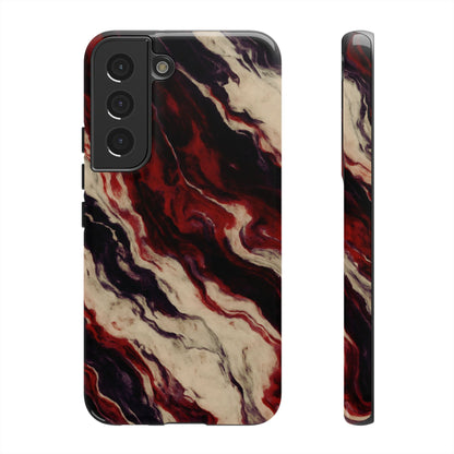 NecroGrip “Fascia” impact-resistant phone case with red, bone, and black marbled streaks, abstract muscle-like pattern on a slim dual-layer shell.