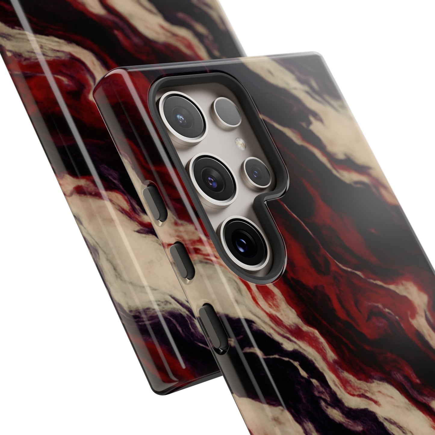 NecroGrip “Fascia” impact-resistant phone case with red, bone, and black marbled streaks, abstract muscle-like pattern on a slim dual-layer shell.
