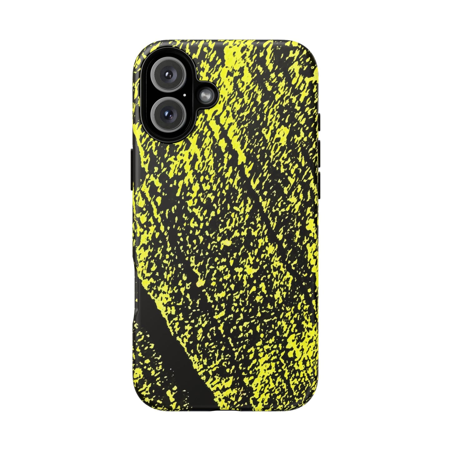 A protective phone case featuring a high-contrast black and neon yellow abstract textured pattern, shown on a plain white background.