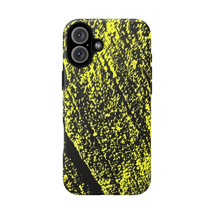 A protective phone case featuring a high-contrast black and neon yellow abstract textured pattern, shown on a plain white background.