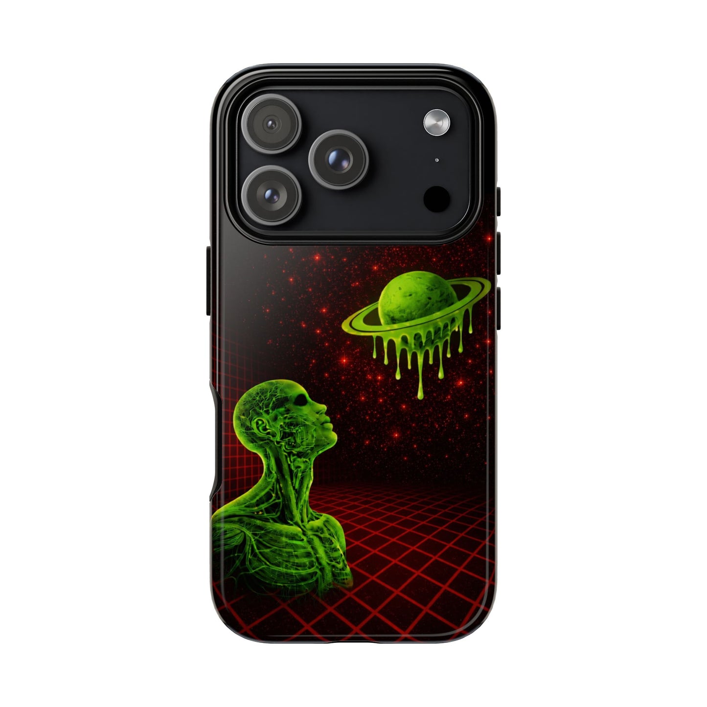 Glowing green anatomical bust gazing up at a dripping Saturn-like planet over a red grid and star-speckled space background on a black phone case.
