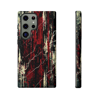Corrosive impact-resistant phone case with distressed red, black, and bone-white design for iPhone, Samsung, and Google Pixel by NecroGrip.