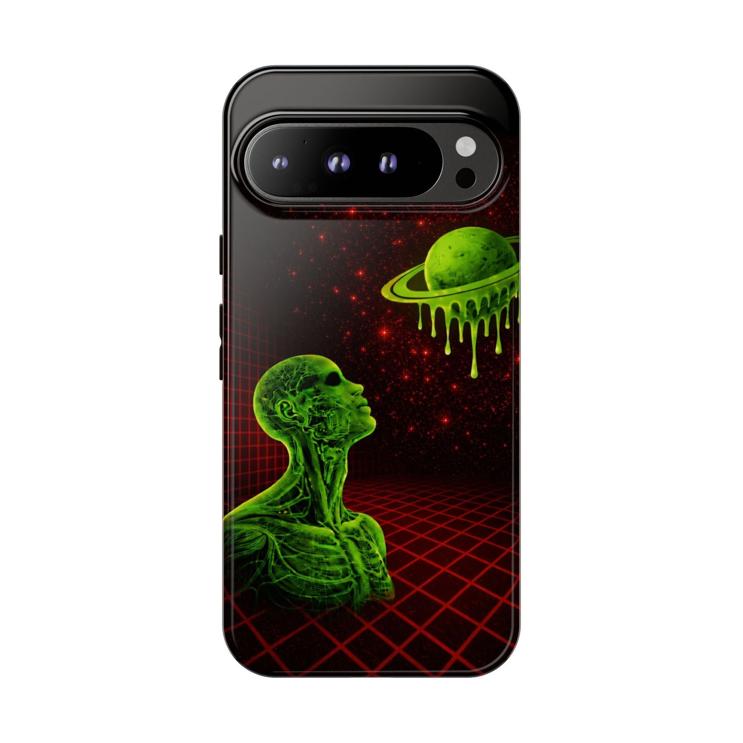 Glowing green anatomical bust gazing up at a dripping Saturn-like planet over a red grid and star-speckled space background on a black phone case.