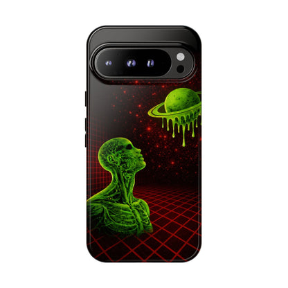 Glowing green anatomical bust gazing up at a dripping Saturn-like planet over a red grid and star-speckled space background on a black phone case.