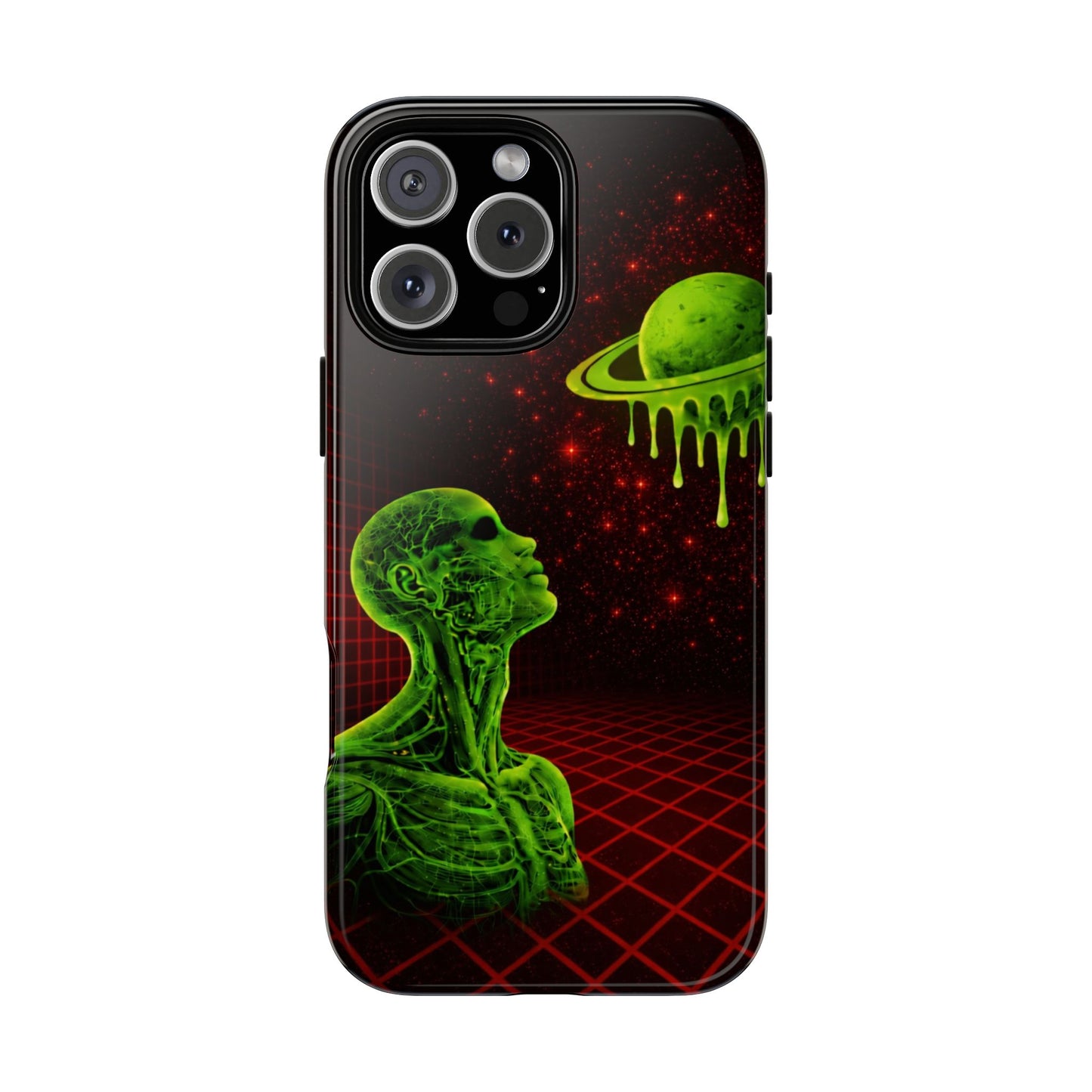 Glowing green anatomical bust gazing up at a dripping Saturn-like planet over a red grid and star-speckled space background on a black phone case.