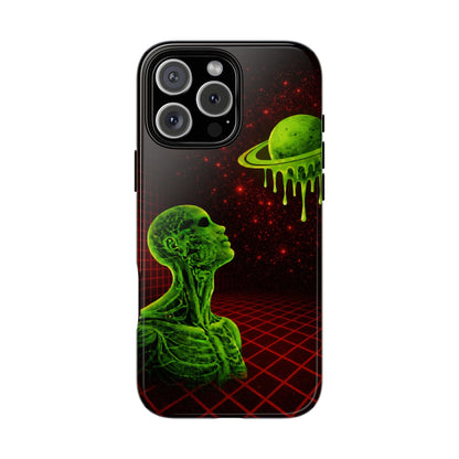 Glowing green anatomical bust gazing up at a dripping Saturn-like planet over a red grid and star-speckled space background on a black phone case.