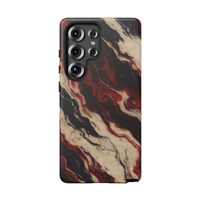NecroGrip “Fascia” impact-resistant phone case with red, bone, and black marbled streaks, abstract muscle-like pattern on a slim dual-layer shell.