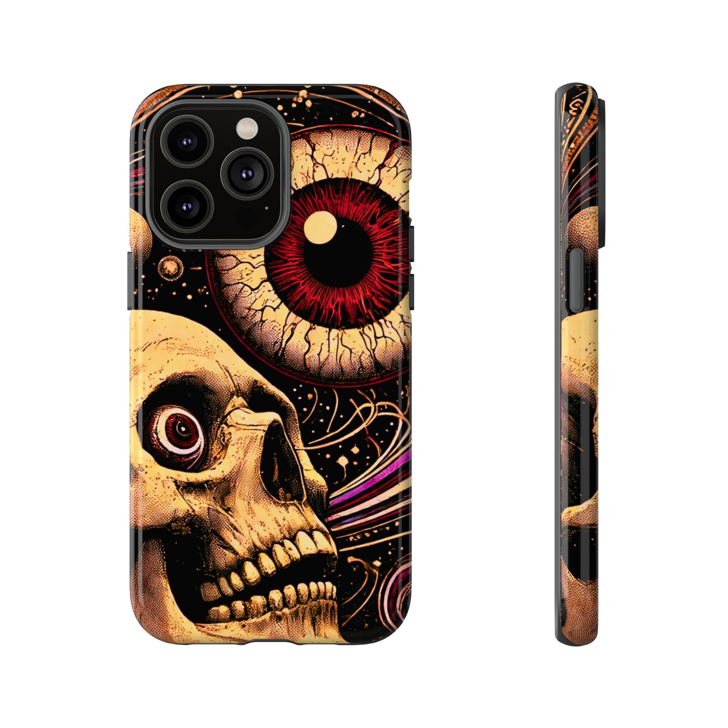 Impact-resistant tough phone case featuring a dark cosmic skull and eye design on a durable dual-layer shell by NecroGrip.