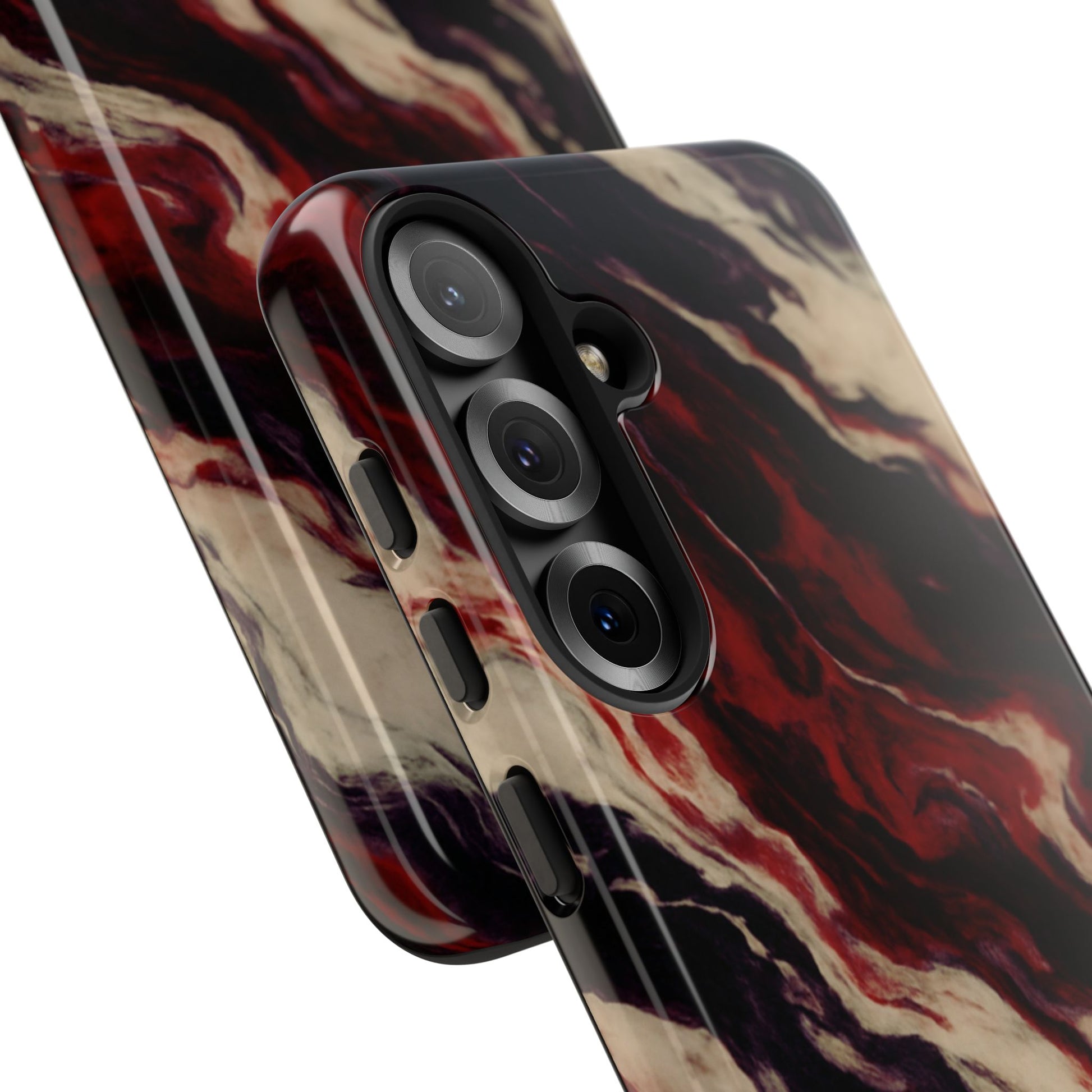 NecroGrip “Fascia” impact-resistant phone case with red, bone, and black marbled streaks, abstract muscle-like pattern on a slim dual-layer shell.