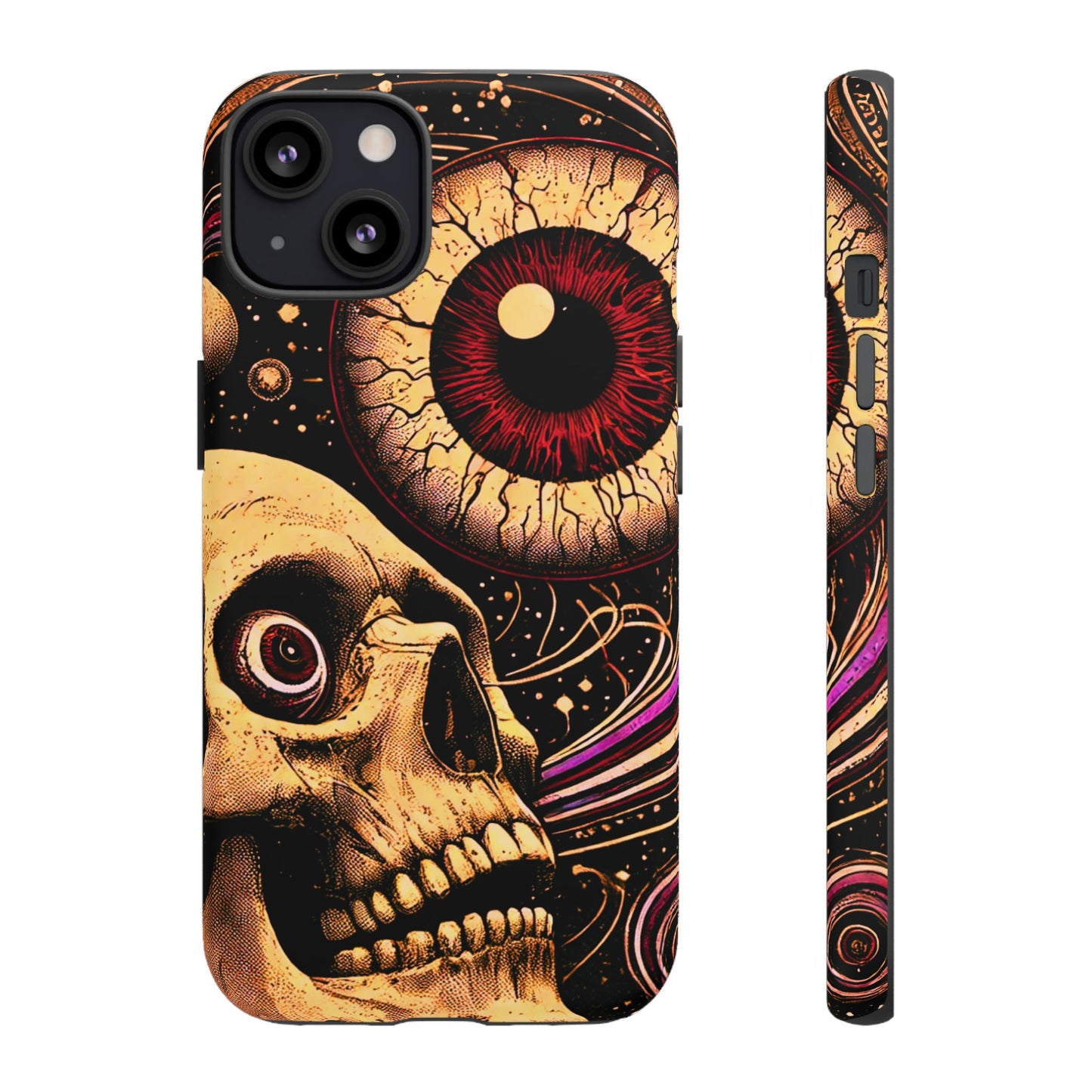 Impact-resistant tough phone case featuring a dark cosmic skull and eye design on a durable dual-layer shell by NecroGrip.