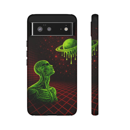 Glowing green anatomical bust gazing up at a dripping Saturn-like planet over a red grid and star-speckled space background on a black phone case.