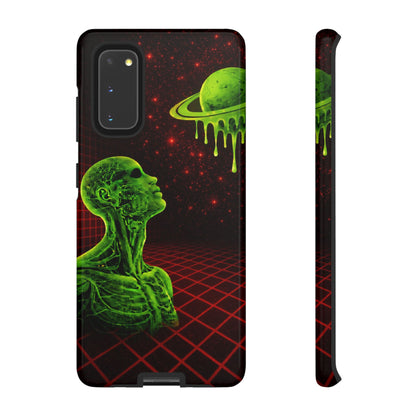 Glowing green anatomical bust gazing up at a dripping Saturn-like planet over a red grid and star-speckled space background on a black phone case.