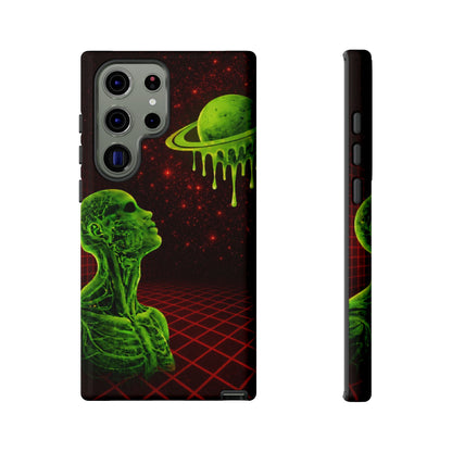 Glowing green anatomical bust gazing up at a dripping Saturn-like planet over a red grid and star-speckled space background on a black phone case.