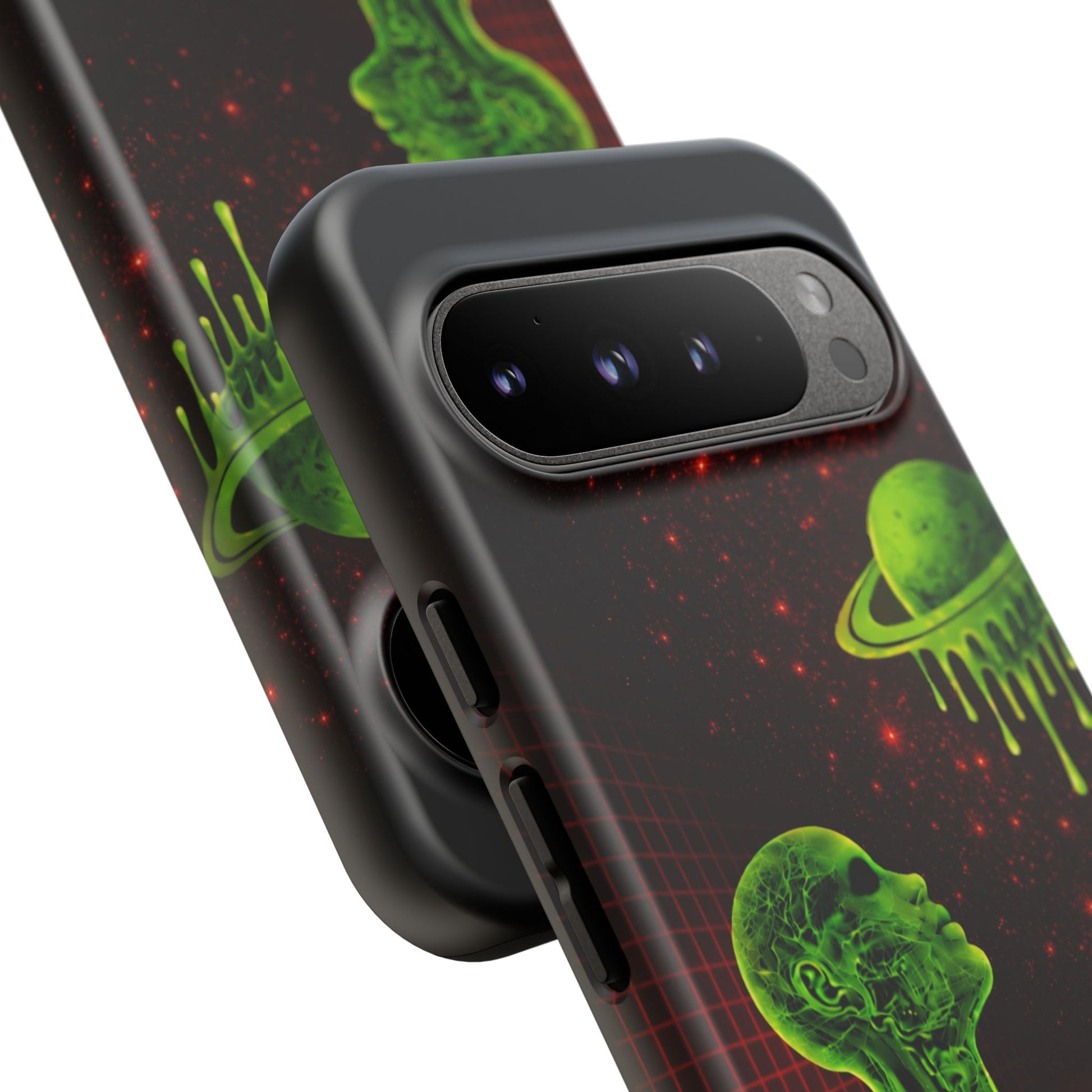 Glowing green anatomical bust gazing up at a dripping Saturn-like planet over a red grid and star-speckled space background on a black phone case.