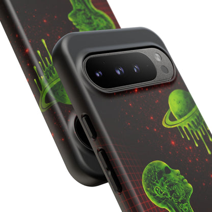 Glowing green anatomical bust gazing up at a dripping Saturn-like planet over a red grid and star-speckled space background on a black phone case.