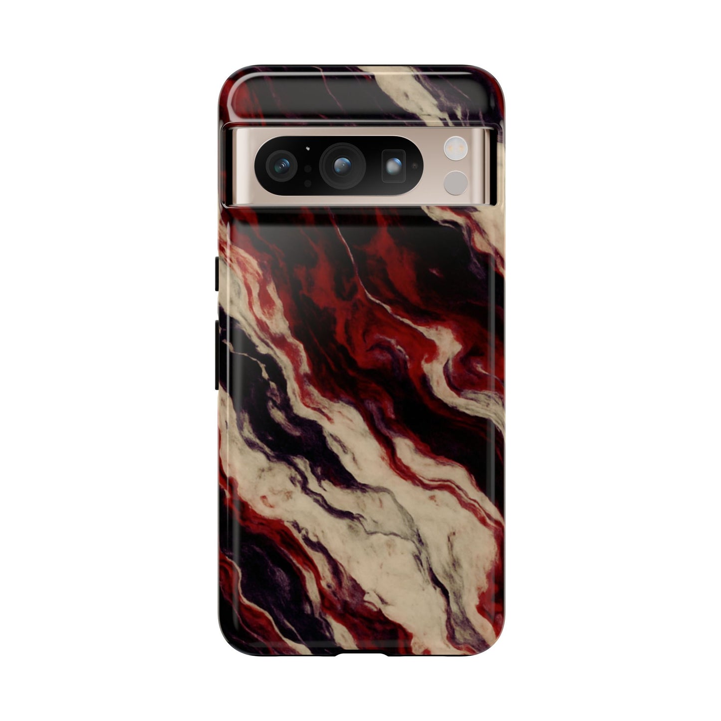 NecroGrip “Fascia” impact-resistant phone case with red, bone, and black marbled streaks, abstract muscle-like pattern on a slim dual-layer shell.