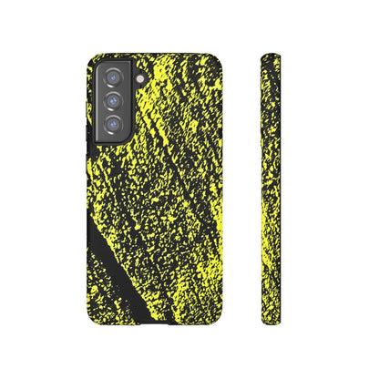 A phone case with a high-contrast yellow and black textured pattern, shown from both the back and side views on a plain white background.