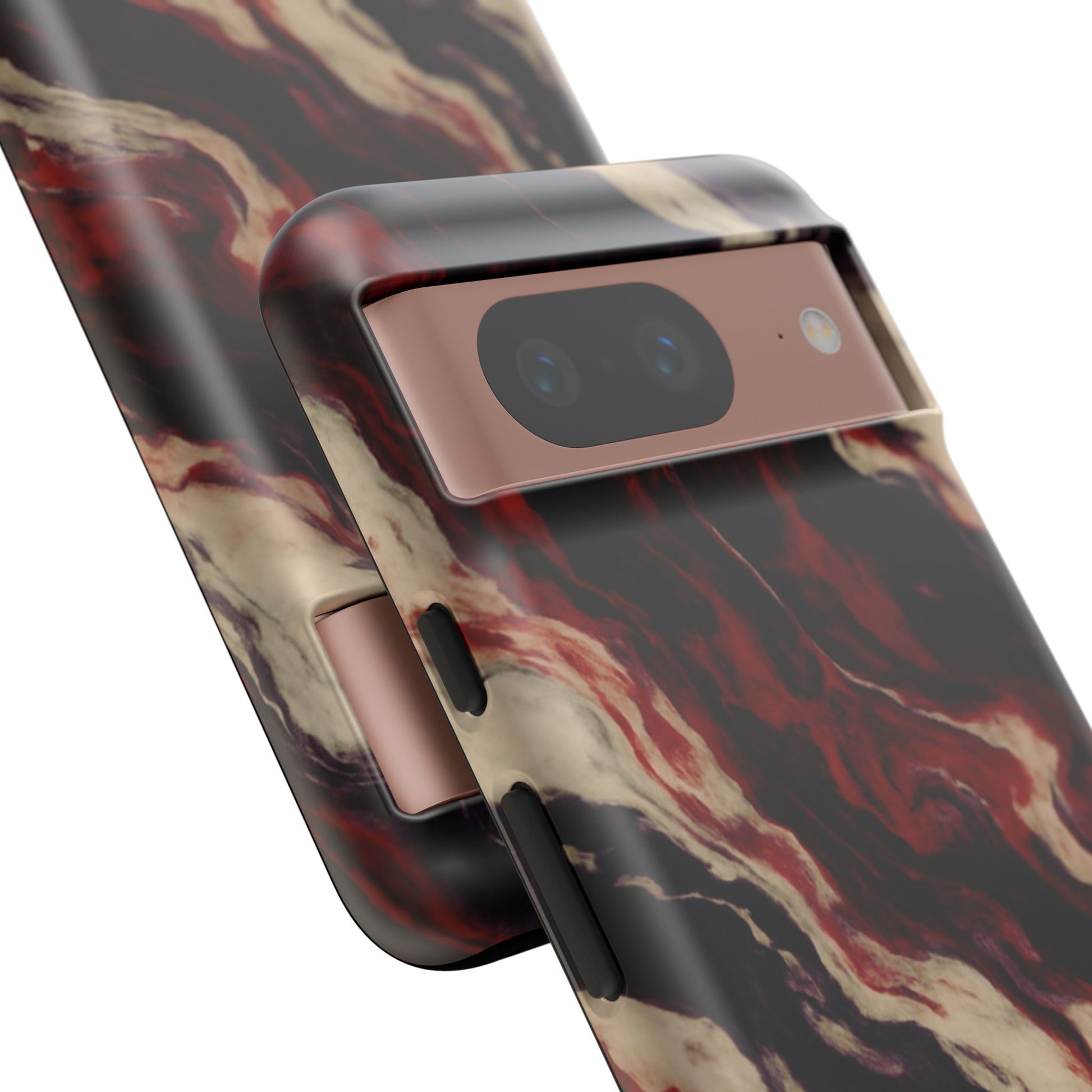NecroGrip “Fascia” impact-resistant phone case with red, bone, and black marbled streaks, abstract muscle-like pattern on a slim dual-layer shell.