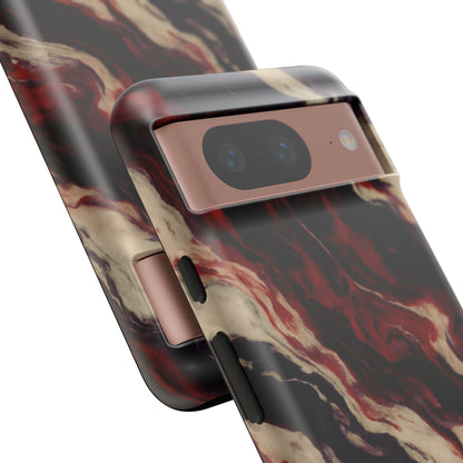 NecroGrip “Fascia” impact-resistant phone case with red, bone, and black marbled streaks, abstract muscle-like pattern on a slim dual-layer shell.