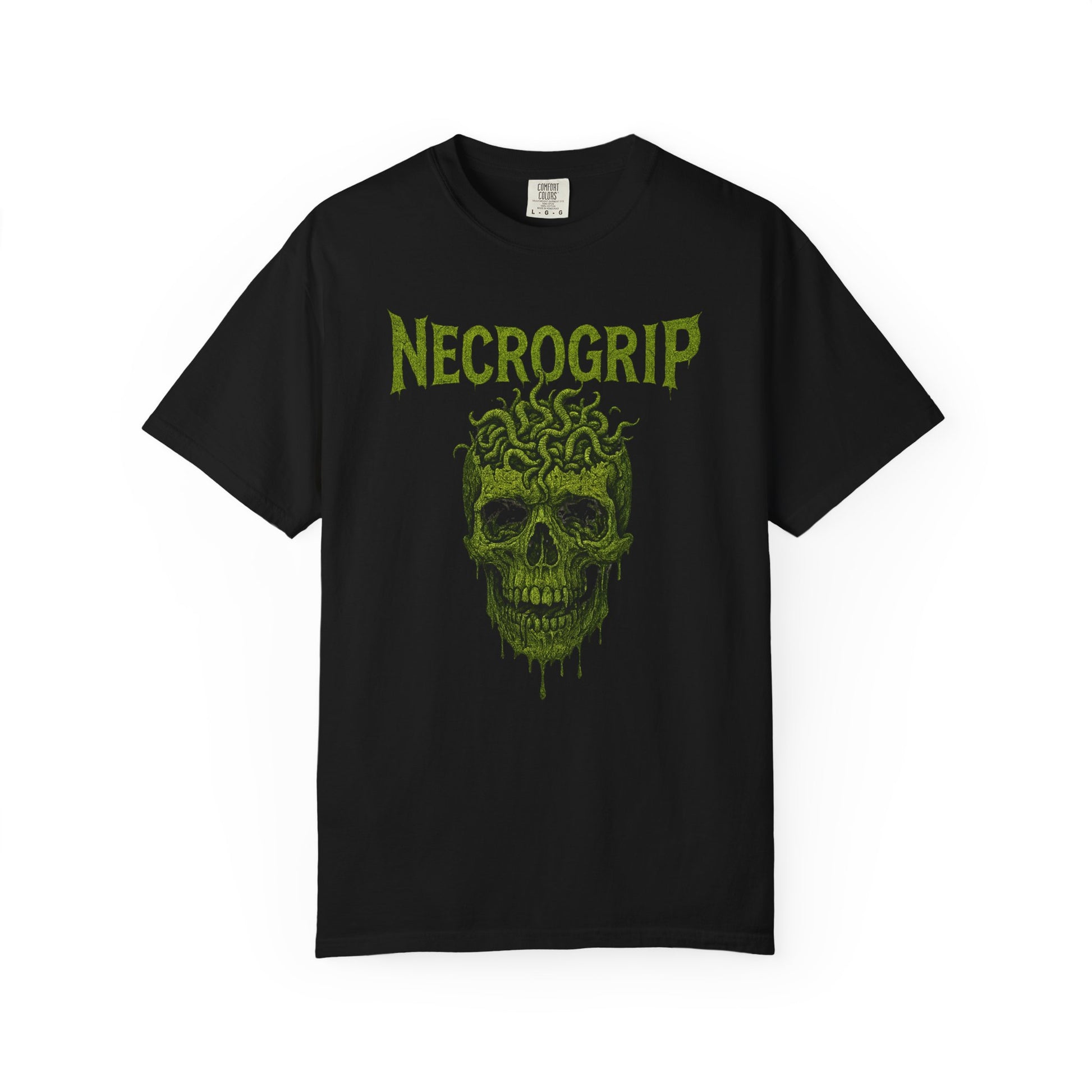 Black Comfort Colors t-shirt featuring a rotting green skull with brain worms and the NecroGrip logo in acid green text