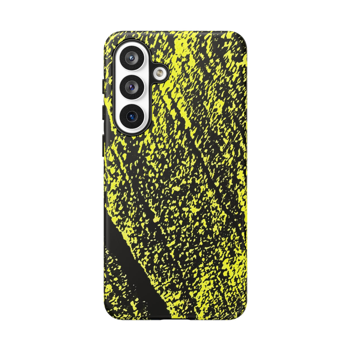 A protective phone case featuring a high-contrast black and neon yellow abstract textured pattern, shown on a plain white background.