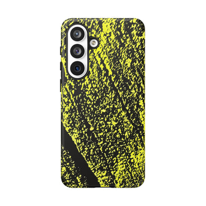 A protective phone case featuring a high-contrast black and neon yellow abstract textured pattern, shown on a plain white background.