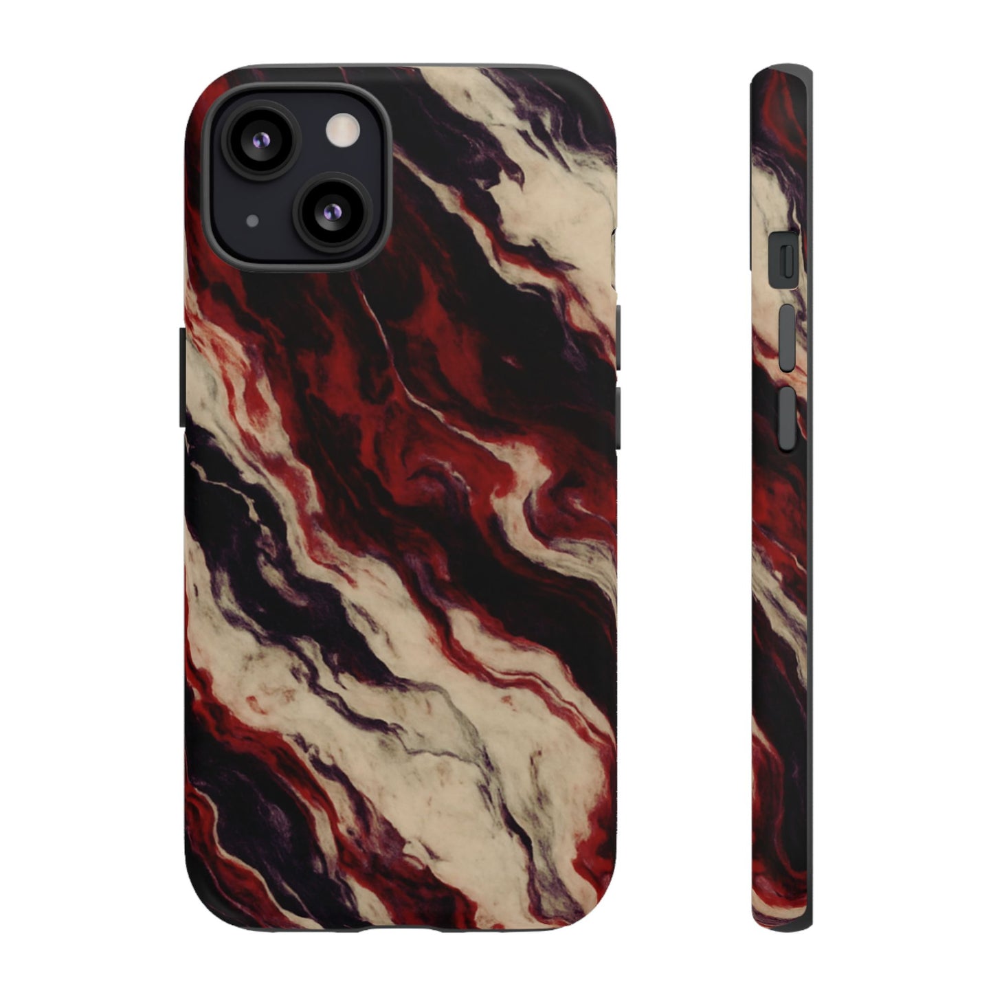 NecroGrip “Fascia” impact-resistant phone case with red, bone, and black marbled streaks, abstract muscle-like pattern on a slim dual-layer shell.