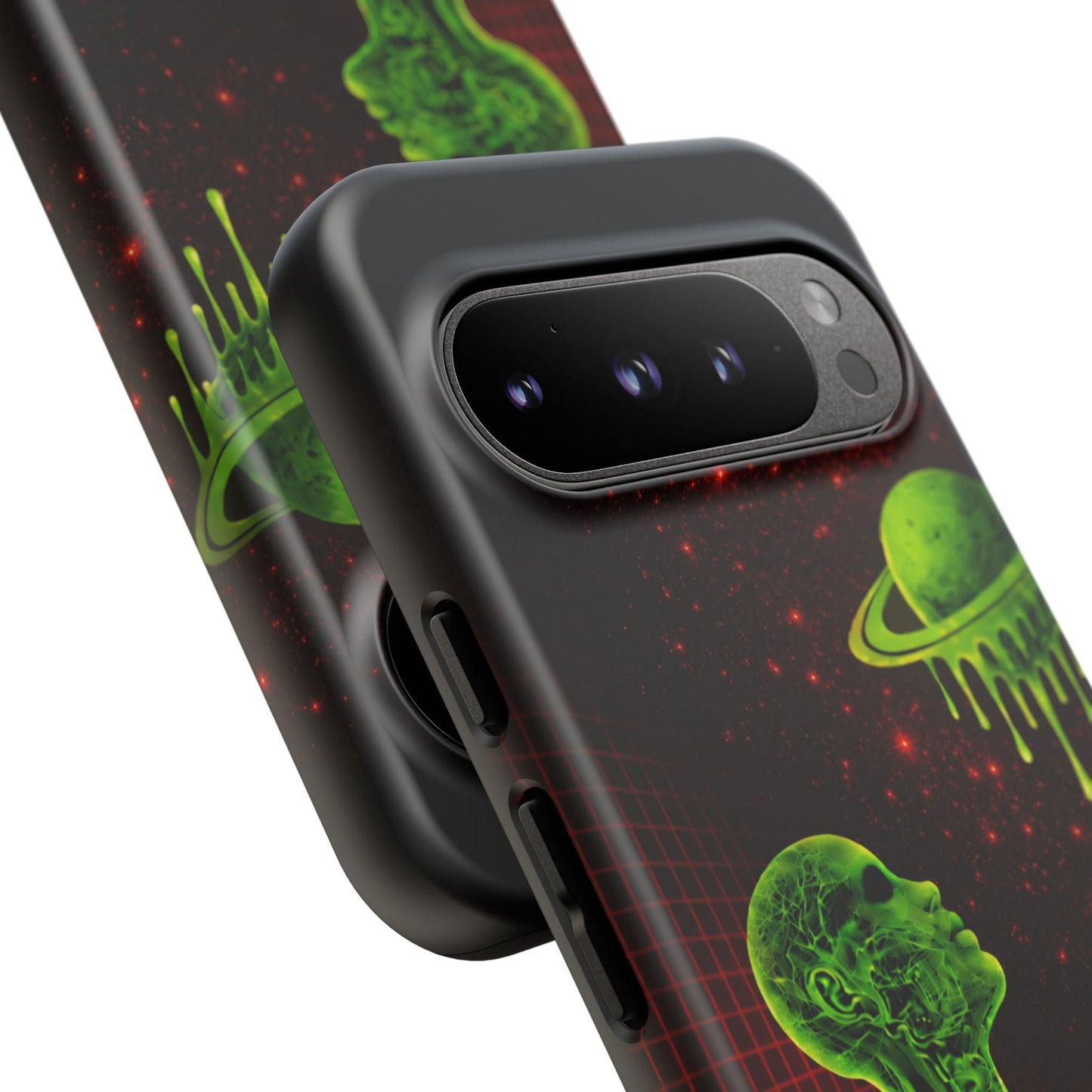 Glowing green anatomical bust gazing up at a dripping Saturn-like planet over a red grid and star-speckled space background on a black phone case.