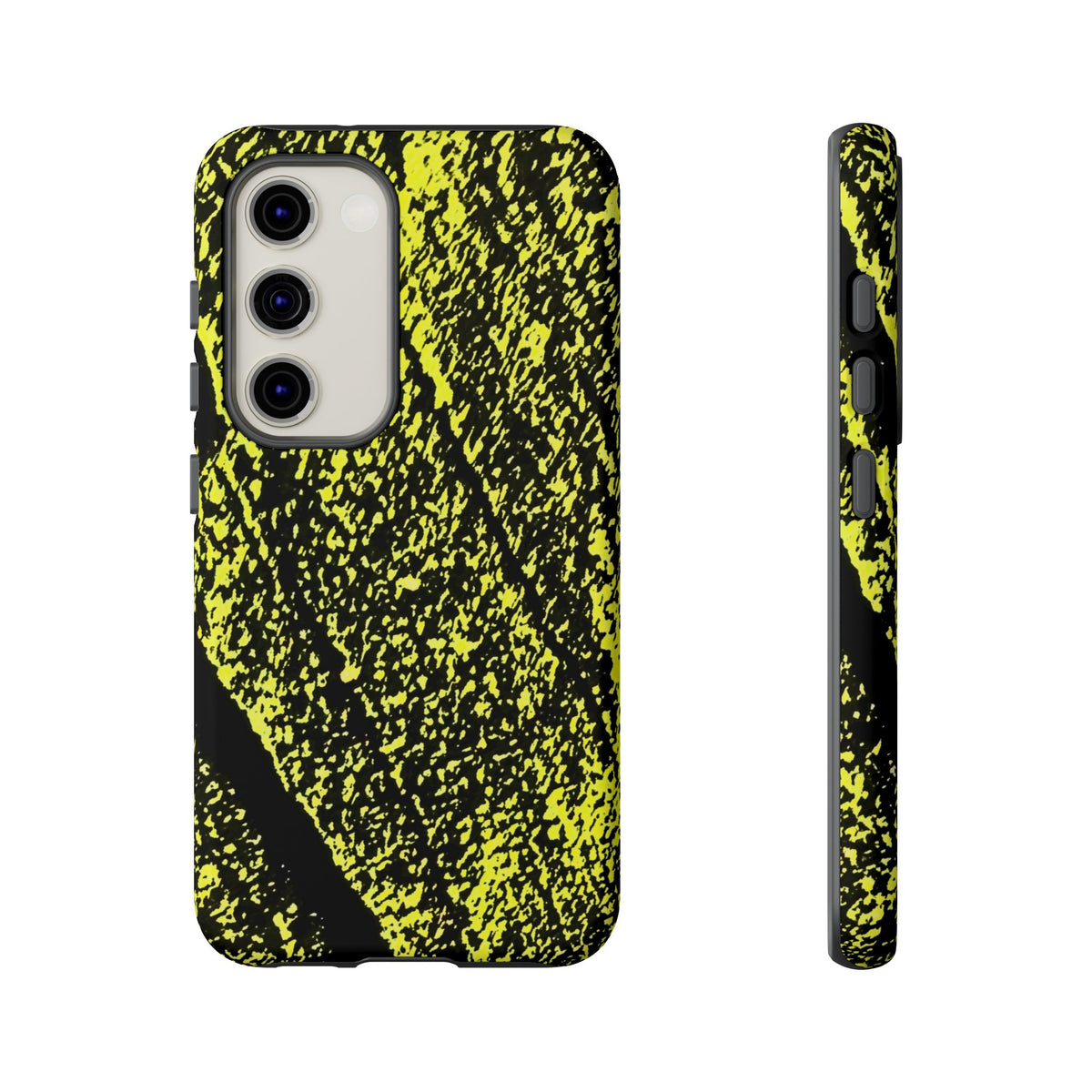 Bloom to Consume protective phone case featuring a black and toxic yellow organic decay pattern.