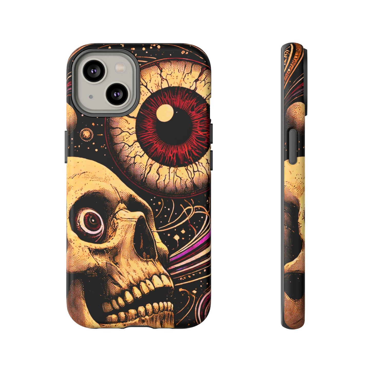 Impact-resistant tough phone case featuring a dark cosmic skull and eye design on a durable dual-layer shell by NecroGrip.