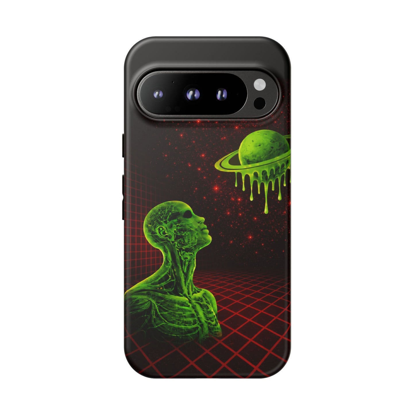 Glowing green anatomical bust gazing up at a dripping Saturn-like planet over a red grid and star-speckled space background on a black phone case.