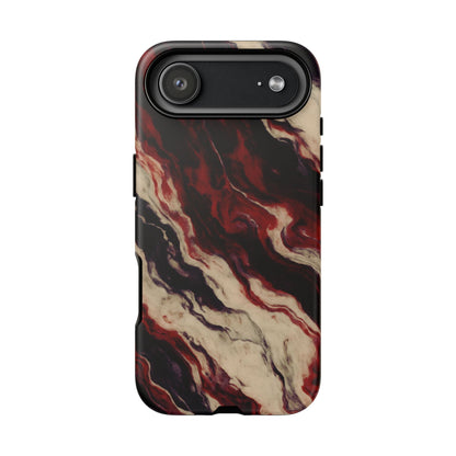 NecroGrip “Fascia” impact-resistant phone case with red, bone, and black marbled streaks, abstract muscle-like pattern on a slim dual-layer shell.