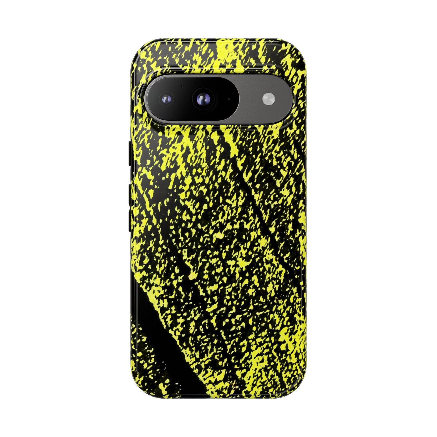 Bloom to Consume protective phone case featuring a black and toxic yellow organic decay pattern.